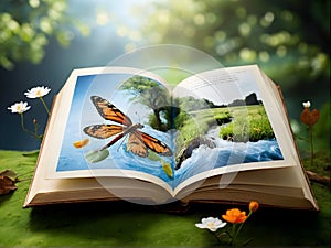 an open book with a waterfall , trees and butterflies coming out of it