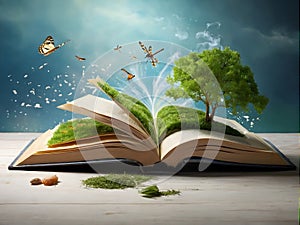 an open book with a waterfall , trees and butterflies coming out of it