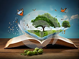 an open book with a waterfall , trees and butterflies coming out of it