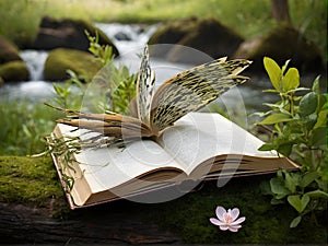 an open book with a waterfall , trees and butterflies coming out of it