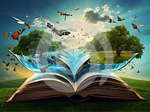 an open book with a waterfall , trees and butterflies coming out of it