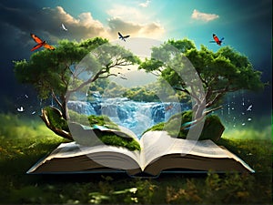 an open book with a waterfall , trees and butterflies coming out of it