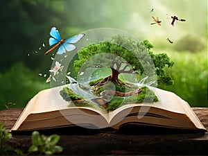 an open book with a waterfall , trees and butterflies coming out of it