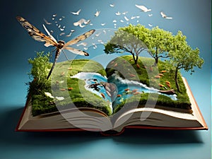 an open book with a waterfall , trees and butterflies coming out of it