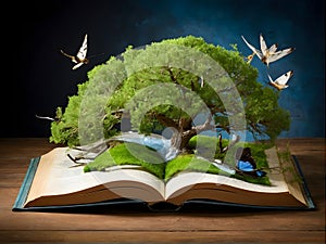 an open book with a waterfall , trees and butterflies coming out of it