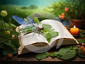 an open book with a waterfall , trees and butterflies coming out of it