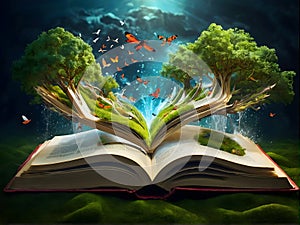 an open book with a waterfall , trees and butterflies coming out of it