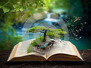 an open book with a waterfall , trees and butterflies coming out of it