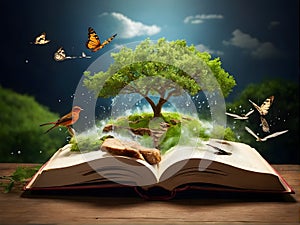 an open book with a waterfall , trees and butterflies coming out of it