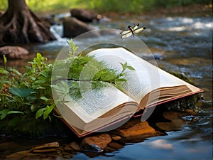 an open book with a waterfall , trees and butterflies coming out of it