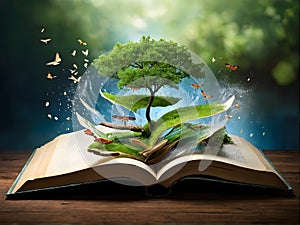 an open book with a waterfall , trees and butterflies coming out of it