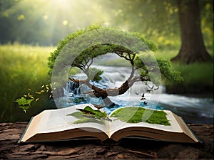 an open book with a waterfall , trees and butterflies coming out of it