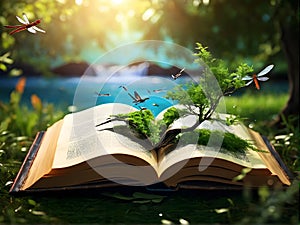 an open book with a waterfall , trees and butterflies coming out of it