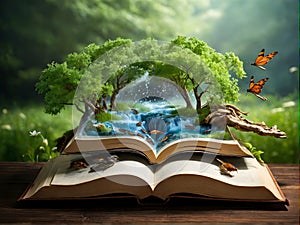 an open book with a waterfall , trees and butterflies coming out of it