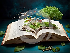 an open book with a waterfall , trees and butterflies coming out of it