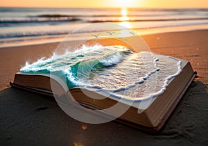 An open book from which the sea flows.