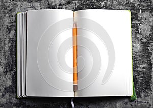 Open book with white blank pages and brown pencil on grey grungy background