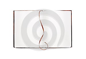 Open book with white pages, with a bookmark. Isolated. Vintage Top view.