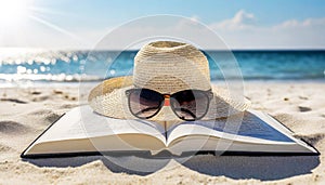 Open Book and a white Straw Hat with Sunglasses on a Sandy Beach - Generative Ai