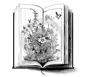 Open book with wild flowers hand drawn engraving sketch