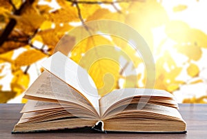 Open book on a wooden surface on a background of autumn trees