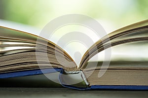 Open book on the wooden table, green summer background, education and reading concept