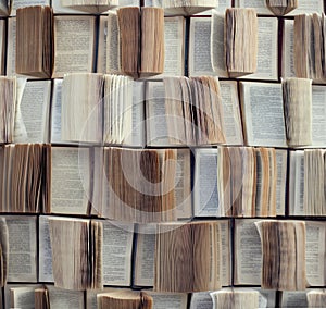 Open books, Abstract blur and defocused bookshelf in library interior for background