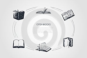 Open books - books with open pages and coverings vector concept set