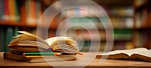 The open books on a desk in a cozy library setting. AI generated image