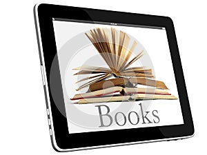 Libro e l'iPad come tablet computer modello 3D isolato su bianco, il concetto di biblioteca digitale, Oggetti con i Tracciati di Ritaglio.