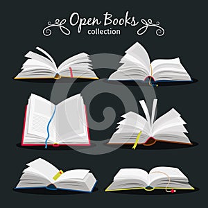 Open books. New open book set with bookmark between pages for encyclopedia and notebook, dictionary and textbook icons photo