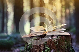 Open books outdoor. Knowledge is power. Book in a forest. Book on a stump