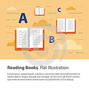 Open books, reading and learning grammar, flat illustration,