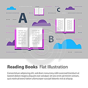 Open books, reading and learning grammar, flat illustration,