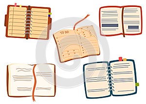 Open books set. Collection of literature, dictionaries, encyclopedias, planners with bookmarks.