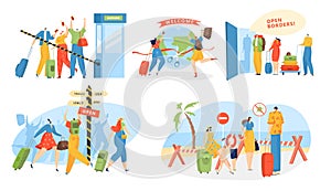 Open borders for travel vector illustration set, cartoon flat happy man woman traveller characters traveling around the