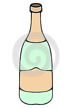 Open bottle of champagne. Golden label. Green glass container with sparkling wine. Cartoon style