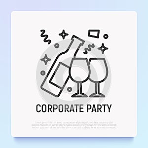 Open bottle of champange and two glasses thin line icon. Alcohol for party. Modern vector illustration