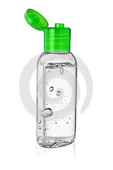 Open bottle of hand sanitizer or antiseptic gel isolated on white