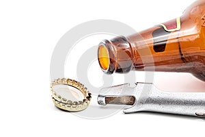 Open bottle neck and bottle lid cap and opener isolated on white background. Beer alcoholism concept