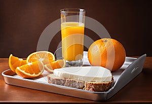 An open bottle of painkillers next to a glass of orange juice on a breakfast tray.