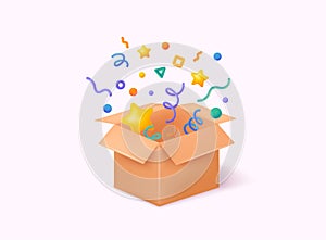 Open box with colorful confetti. 3D Web Vector Illustrations