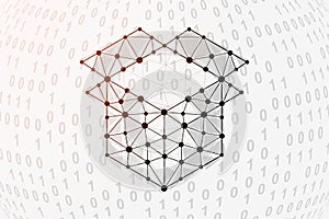 Open box 3d low poly symbol with binary code background. Delivery design vector illustration. Giftbox polygonal symbol