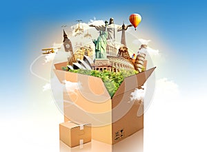 Open box with famous monuments of the world grouped together