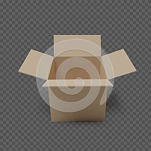 Open box front view. Empty paper parcel. Isolated realistic carton. Vector illustration