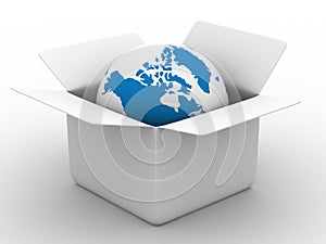 Open box with globe on white background