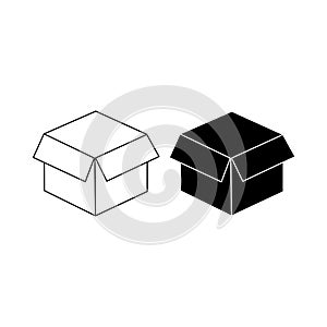 Open box icons for packaging or delivery and shipping, open package, unbox in black. Forbidden symbol simple on isolated white