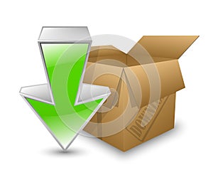 Open box with inscription DOWNLOAD and green arrow down. Download icon