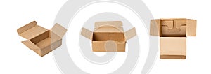 Open Box Isolated, Craft Paper Delivery Package, Old Carton Packaging on White Background