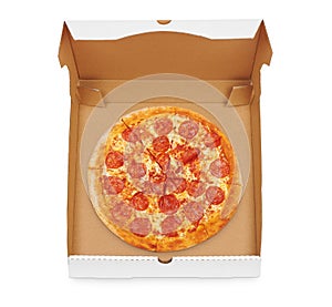 Open box with pepperoni pizza isolated on white background